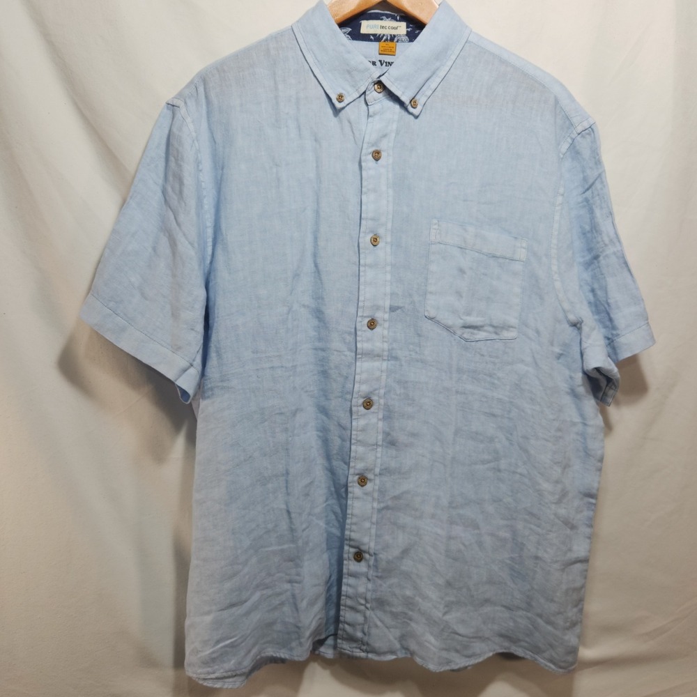 Tailor Vintage Mens Seersucker Shirt Size XL Blue Short Sleeve Cotton 100% Linen